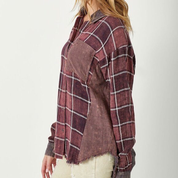 MYSTREE Oversized Plaid Button Down Shacket, Burgundy Wine Checkered, Grunge - Picture 6 of 8